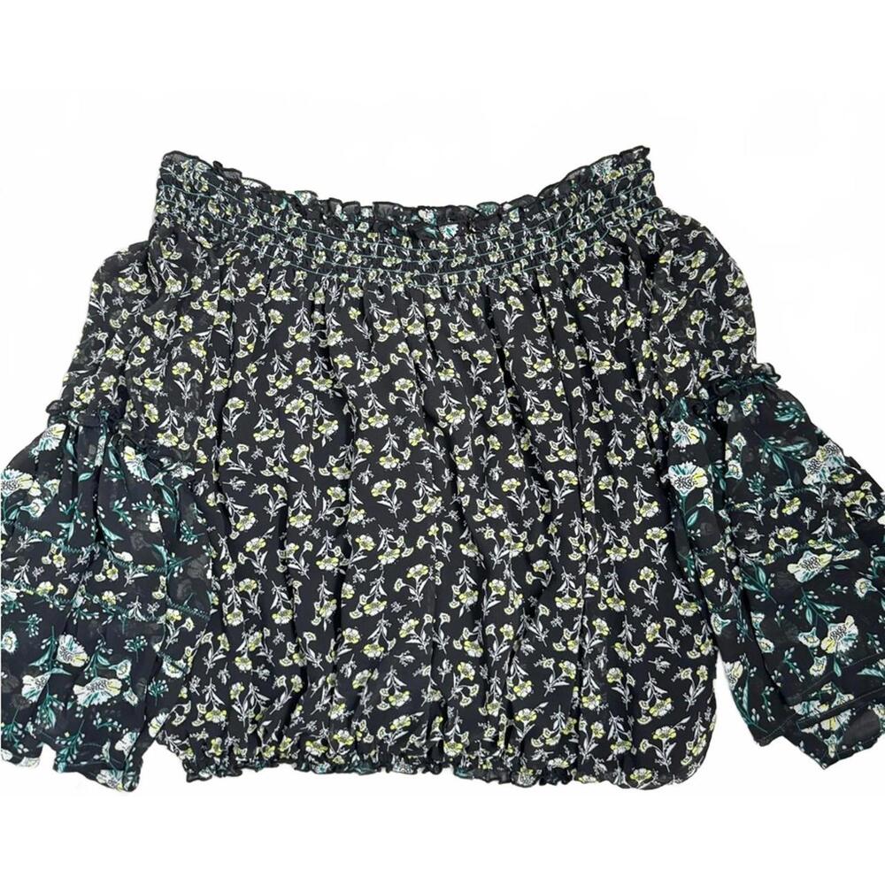 Free People Rose Valley Black Floral Off Shoulder Crop Blouse Top- Size Medium - Picture 2 of 8